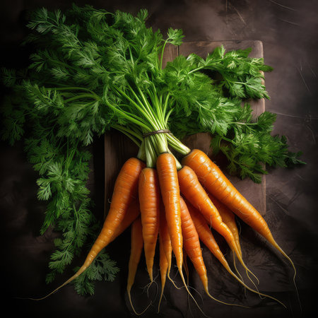 Bunch of fresh carrots with green leaves on a dark background.の素材