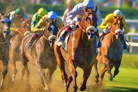Horse racing race, equestrian jockeys and jockeys running fastの素材