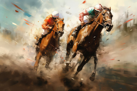Digital painting of two jockeys racing on a race track.の素材