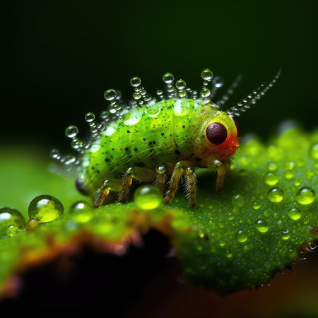 Macro of a green caterpillar on a leaf with dew dropsの素材