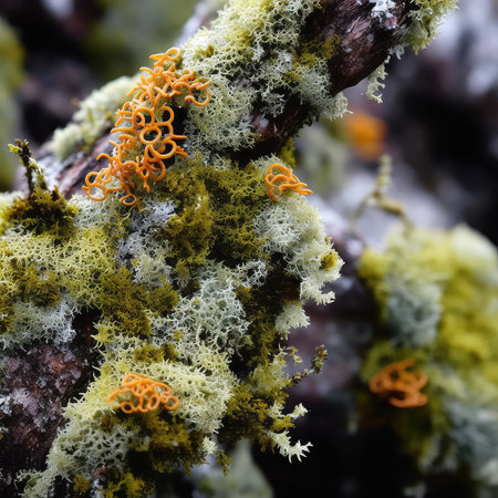 Macro shot of lichen growing on a tree in the forestの素材