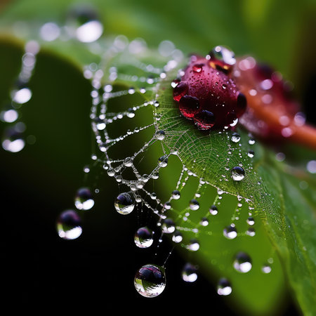 Drops of dew on a spider web. Shallow depth of fieldの素材