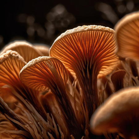 Mushroom Pleurotus ostreatus on dark backgroundの素材