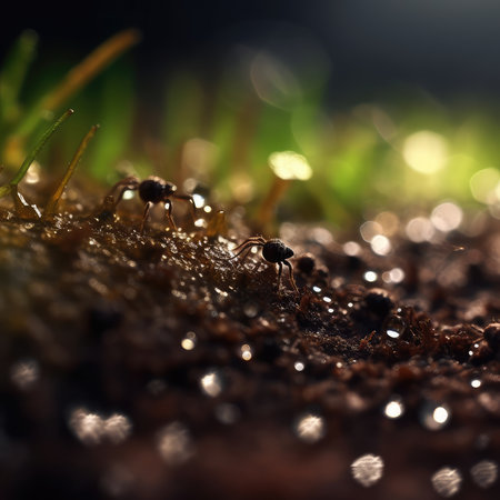 Macro closeup of tiny black ant on green grass with dew dropsの素材