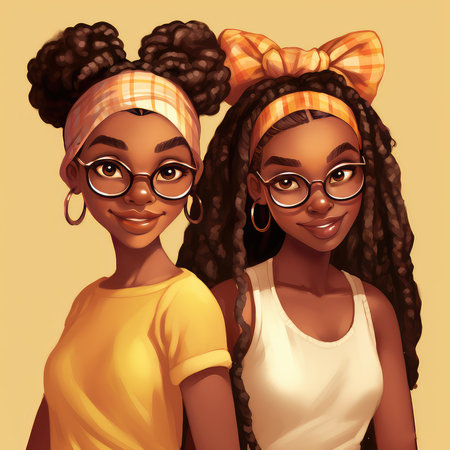 Two african american girls with braids. Vector illustration.の素材