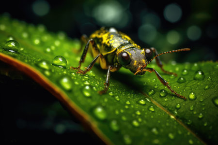 Macro shot of a beetle on a leaf with water dropletsの素材