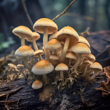 mushrooms growing in the forest on a tree stump in autumnの素材