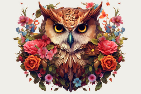 Owl with floral wreath on white background. Vector illustration.の素材