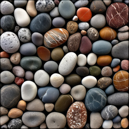 Pebbles background. Colorful stones texture. Top view.の素材