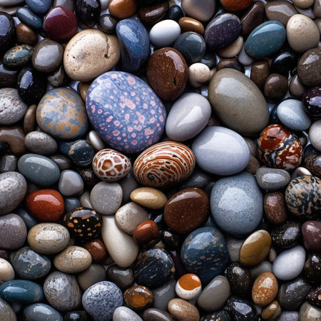 Colorful pebbles on the beach, closeup of photoの素材