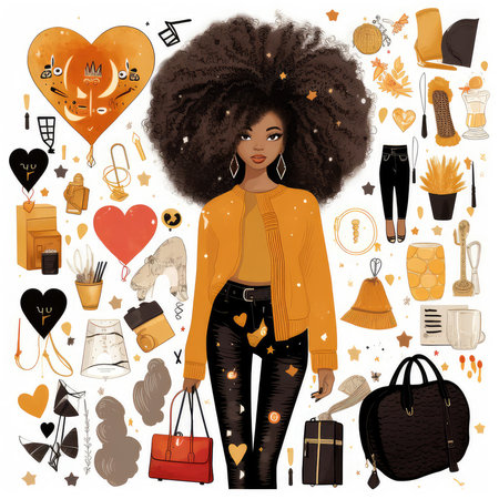 Cute African American girl with afro hairstyle. Vector illustration.の素材
