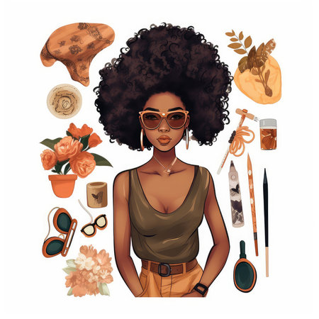 Beautiful african american woman with afro hairstyle and sunglasses. Vector illustrationの素材