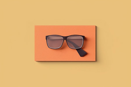 Sunglasses with orange card isolated on yellow background. Top view.の素材