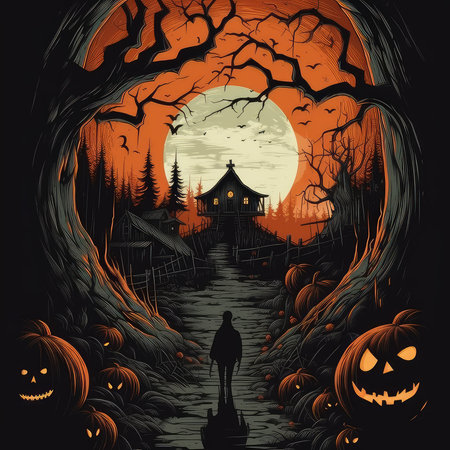 Halloween background with haunted house, pumpkins and witch. Vector illustrationの素材