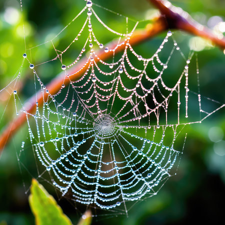 Spider web with dew drops in the morning. Nature background.の素材