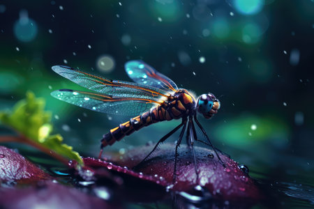 Dragonfly on a leaf in the rain. Macro photography of a dragonfly.の素材