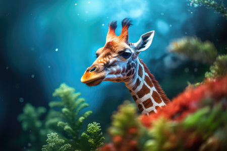 Giraffe in aquarium. Underwater world with animals and plants.の素材