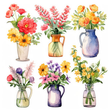 Bouquets of flowers in vases. Watercolor illustrationの素材