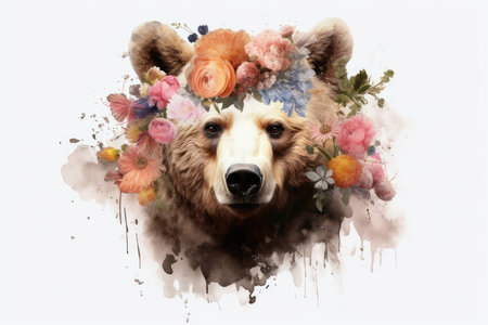Grizzly bear head with floral wreath on white backgroundの素材