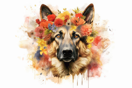 Portrait of a German shepherd dog with a wreath of flowersの素材