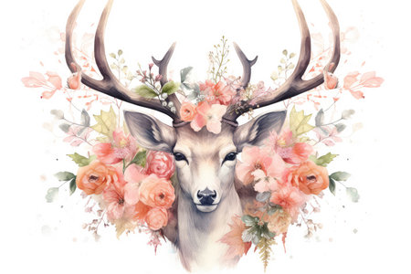 Watercolor deer with flowers. Hand painted illustration isolated on white backgroundの素材