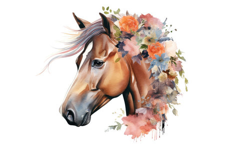Watercolor portrait of a horse with a wreath of flowers.の素材