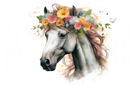 Watercolor portrait of a horse with a wreath of flowers.の素材
