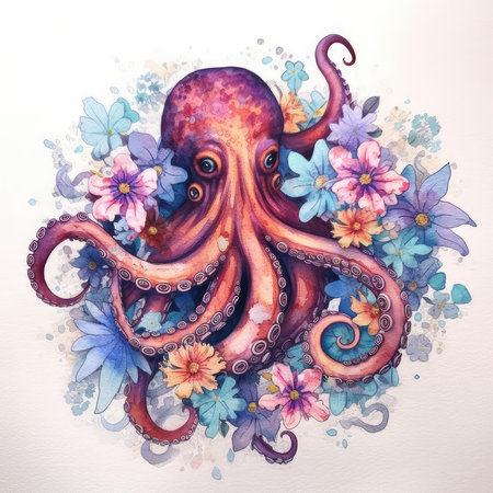 Watercolor octopus with flowers on white background. Hand drawn illustrationの素材