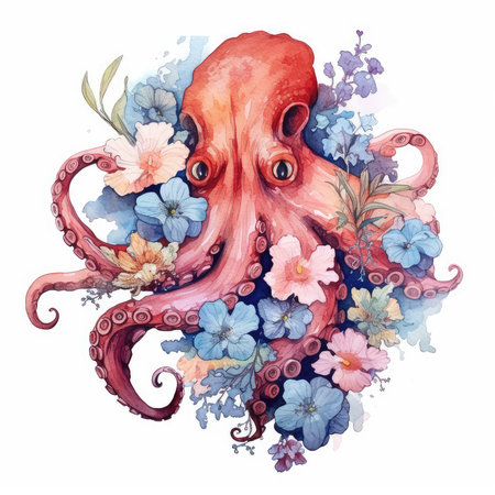 Watercolor octopus with flowers. Hand drawn illustration isolated on white backgroundの素材