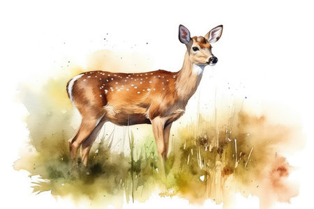 Watercolor illustration of a young whitetail deer on white backgroundの素材