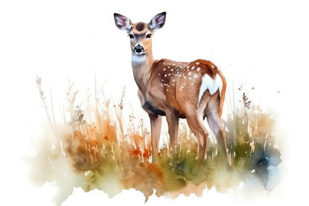 Watercolor drawing of a young whitetail deer isolated on white backgroundの素材