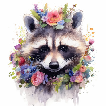 Watercolor raccoon with floral wreath isolated on white background.の素材