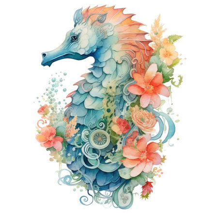 Watercolor seahorse with flowers. Illustration on white backgroundの素材