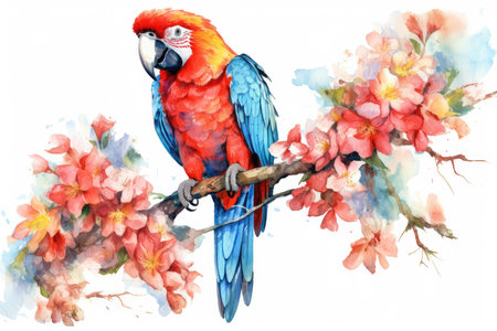 Watercolor illustration of a red parrot sitting on a branch with flowersの素材