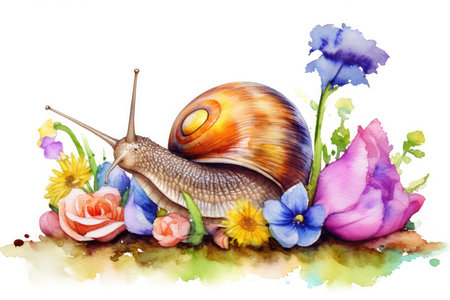Snail with flowers. Hand drawn watercolor illustration on white backgroundの素材