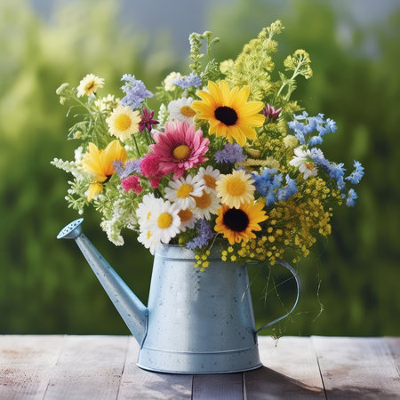 bouquet of wildflowers in watering can on wooden tableの素材