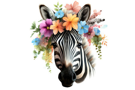 Zebra head with flowers and leaves isolated on a white background.の素材