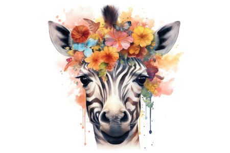Watercolor portrait of a zebra in a wreath of flowers.の素材