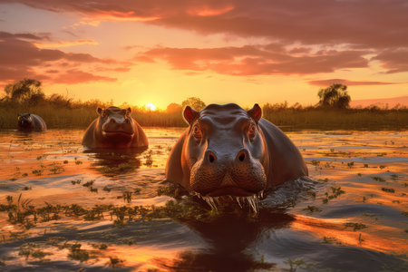 Hippopotamus in the river at sunset, Chobe National Park, Botswanaの素材