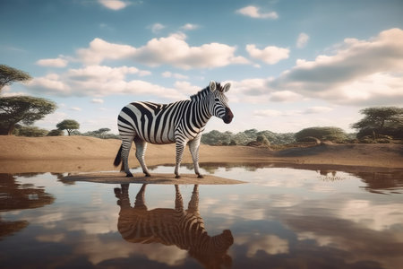 Plains zebra, Equus quagga, single mammal in water, South Africaの素材