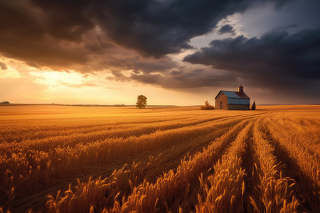 Sunset over a wheat field with a small church in the backgroundの素材