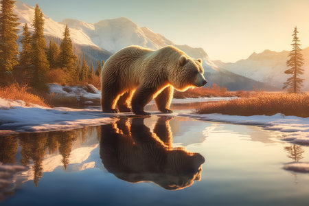 Polar bear (Ursus maritimus) on the background of snowy mountains. Sunset.の素材