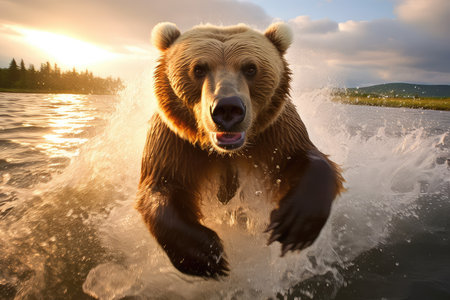 Grizzly bear jumps out of the water. Sunset.の素材