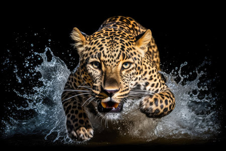 Leopard on a black background with splashes and drops of waterの素材