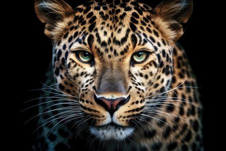 Portrait of a leopard in front of a black background.の素材