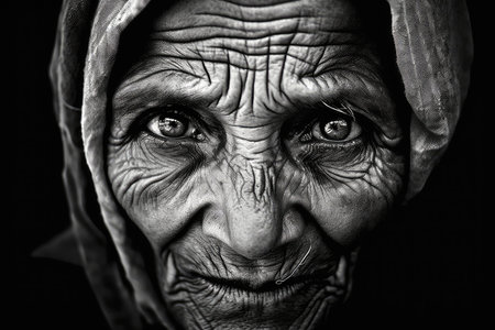 Portrait of an old Indian woman. Black and white photo.の素材