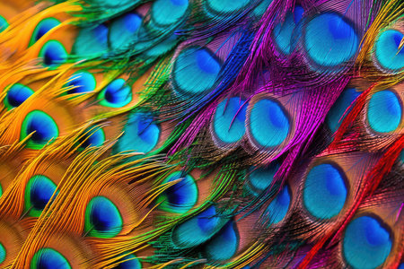 Beautiful peacock feathers, close-up. Colorful background.の素材