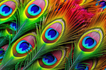 Beautiful peacock feathers background. Colorful peacock feathers texture.の素材
