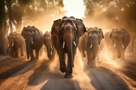 Elephants walking on the road in the morning, Thailand.の素材