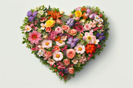 Heart shape made of colorful flowers on white background with copy space.の素材